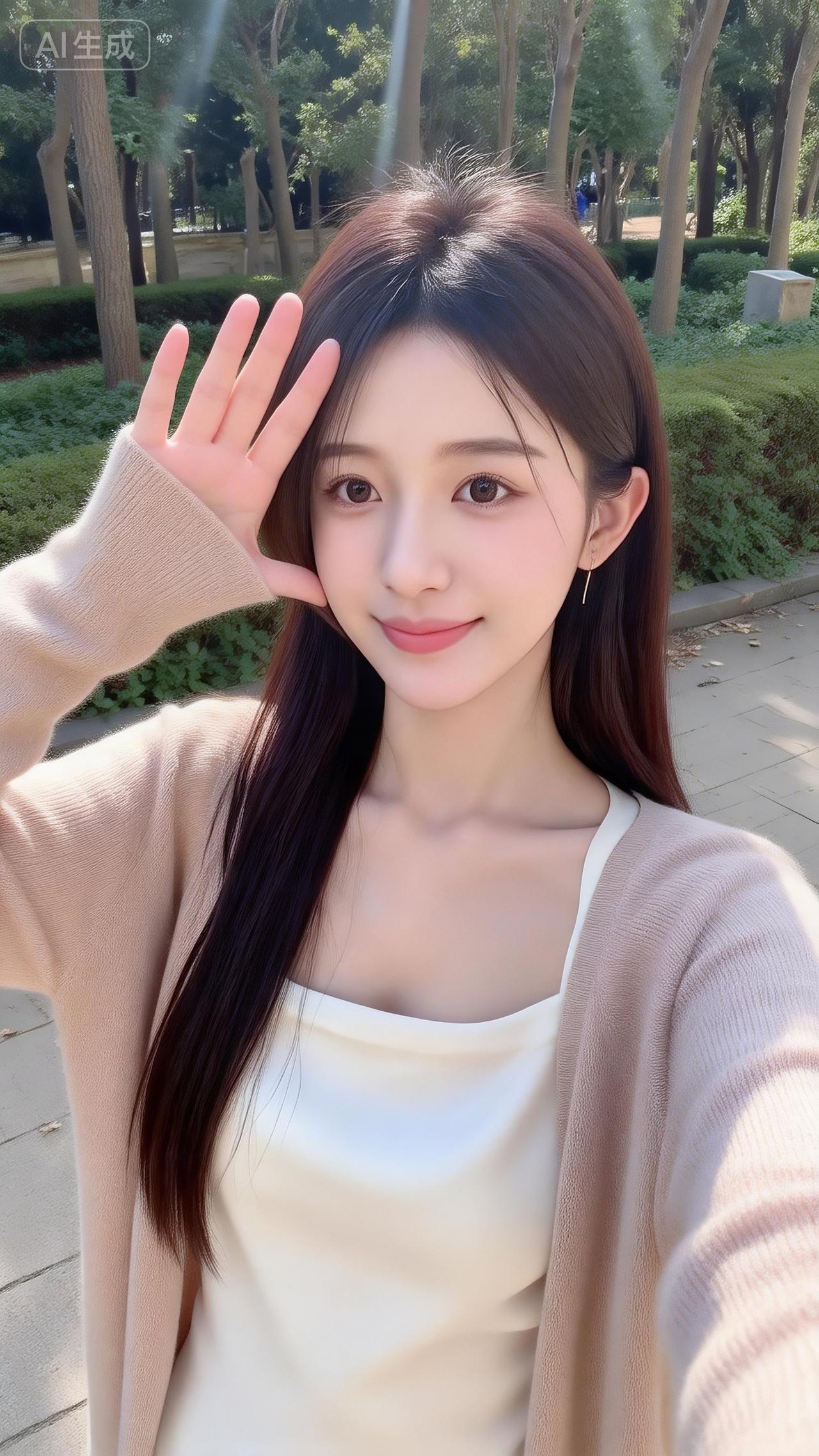 林荫下的柔暖甜妹好治愈奶杏开衫裹着缎面白吊带，软乎乎像抱了团阳光，抬手遮眉