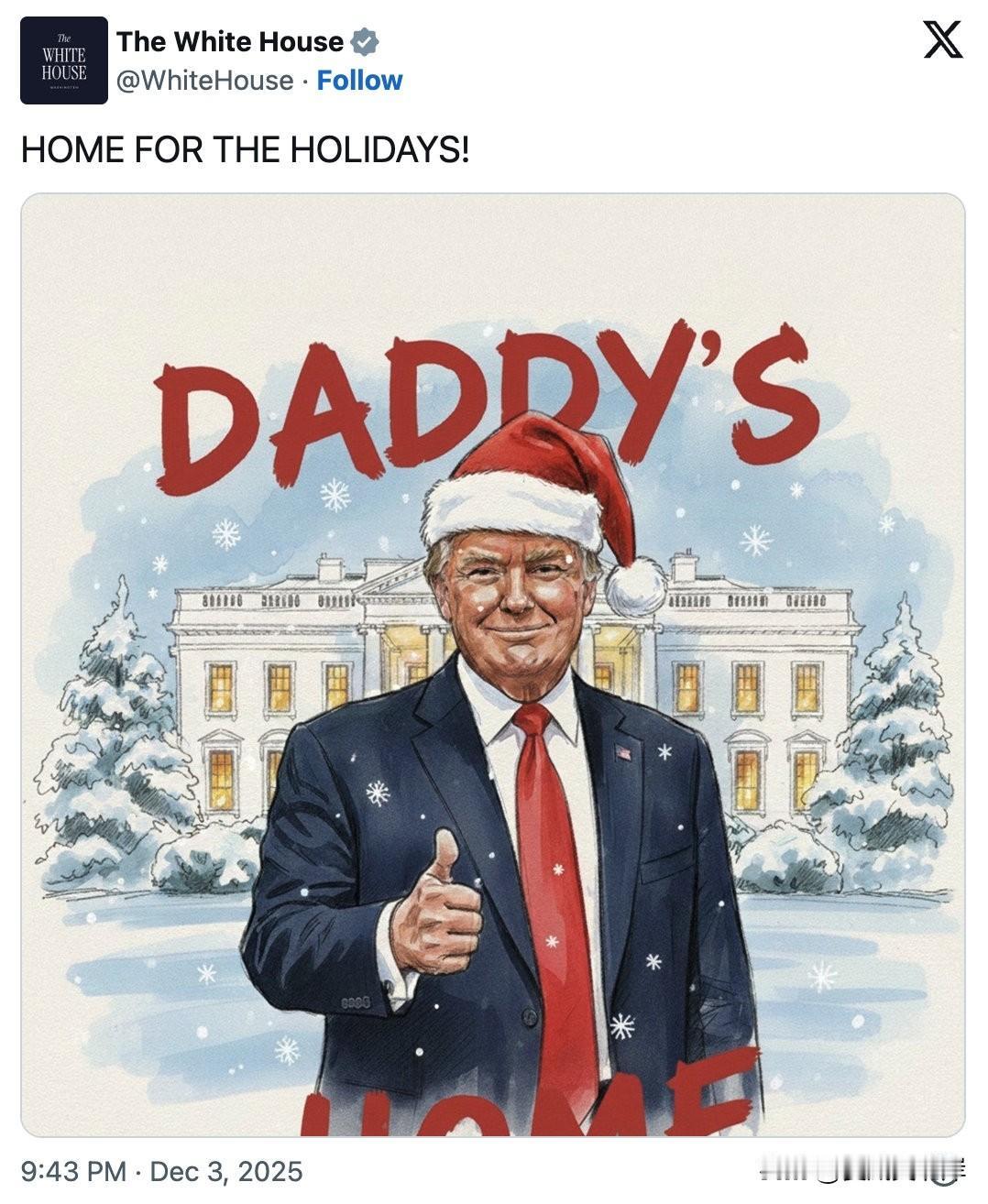 白宫转发川普头戴圣诞帽的图片，图片上文案显示“正主回来了”。