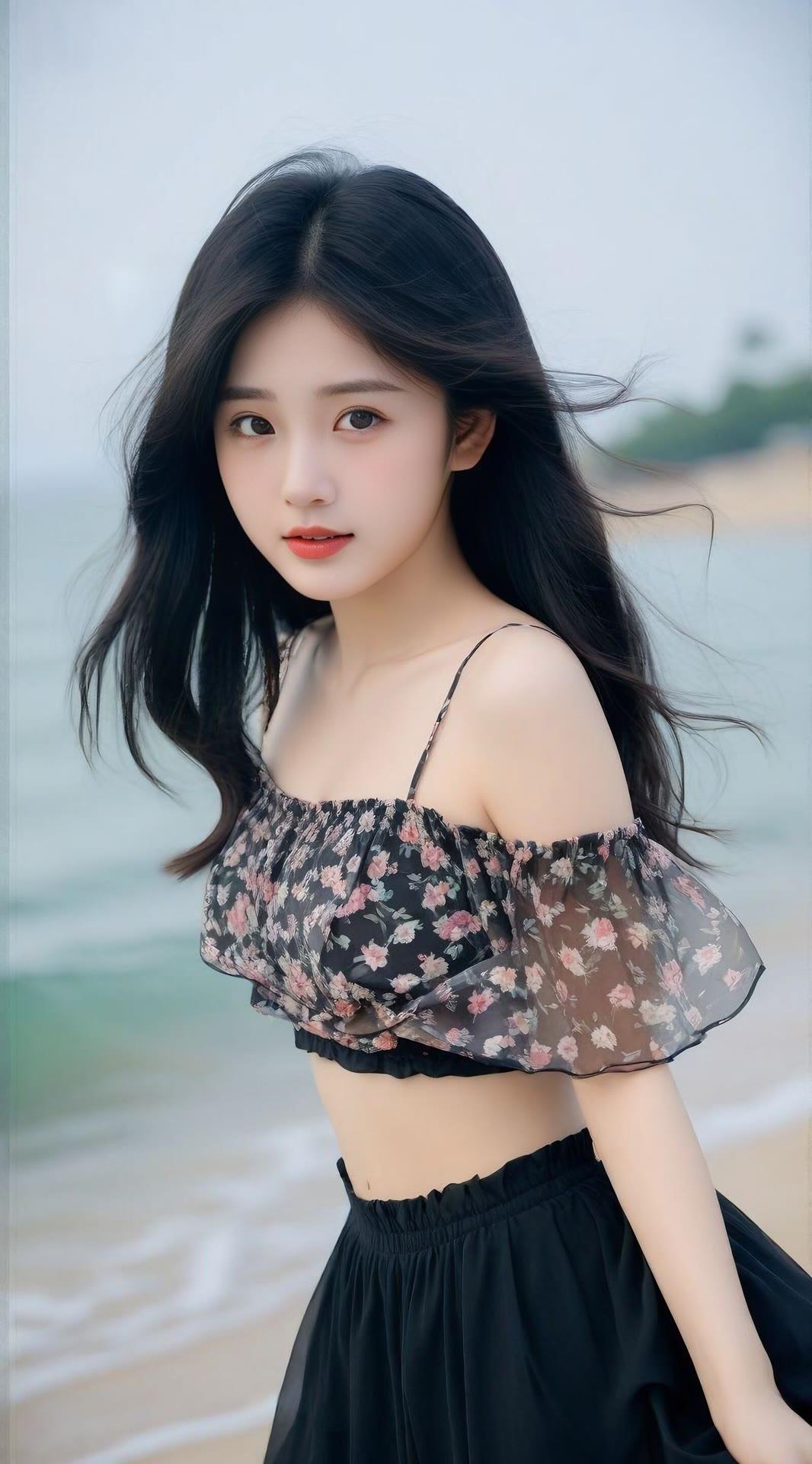 海边少女，花裙飘飘，海风轻拂，笑靥如花。