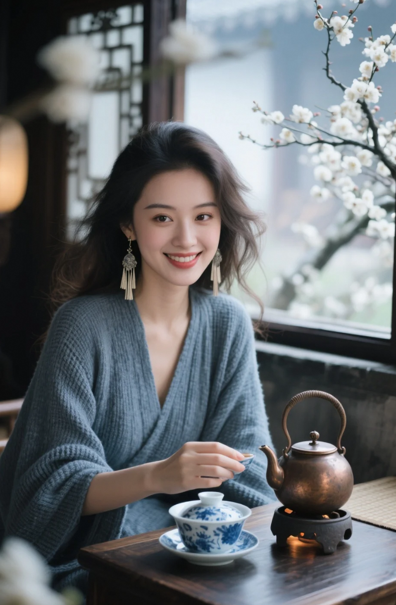 灰蓝衣袖垂落时，仿佛有风穿过千年的庭院