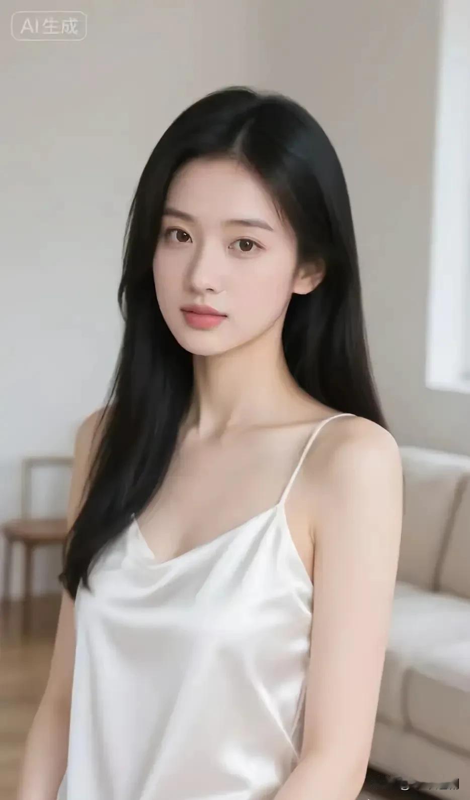 白缎吊带揉进慵懒，黑长直衬出清冷，浅调家居背景里，是温柔与疏离交织的氛围感。气