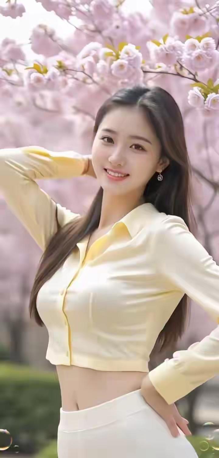 樱花树下的温柔，那可是春天限定的浪漫🌸穿一身奶黄色短款衬衫，配白色下装，就像