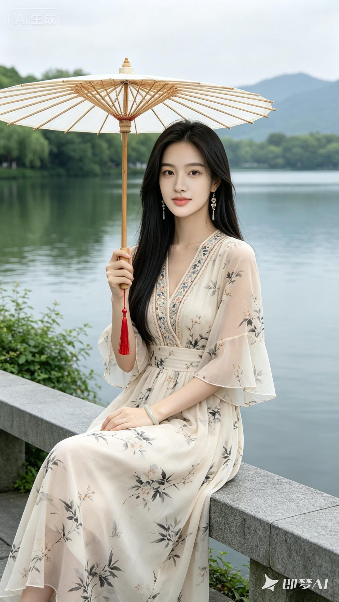 湖畔悠然，撑伞少女，花裙飘逸，诗意江南。