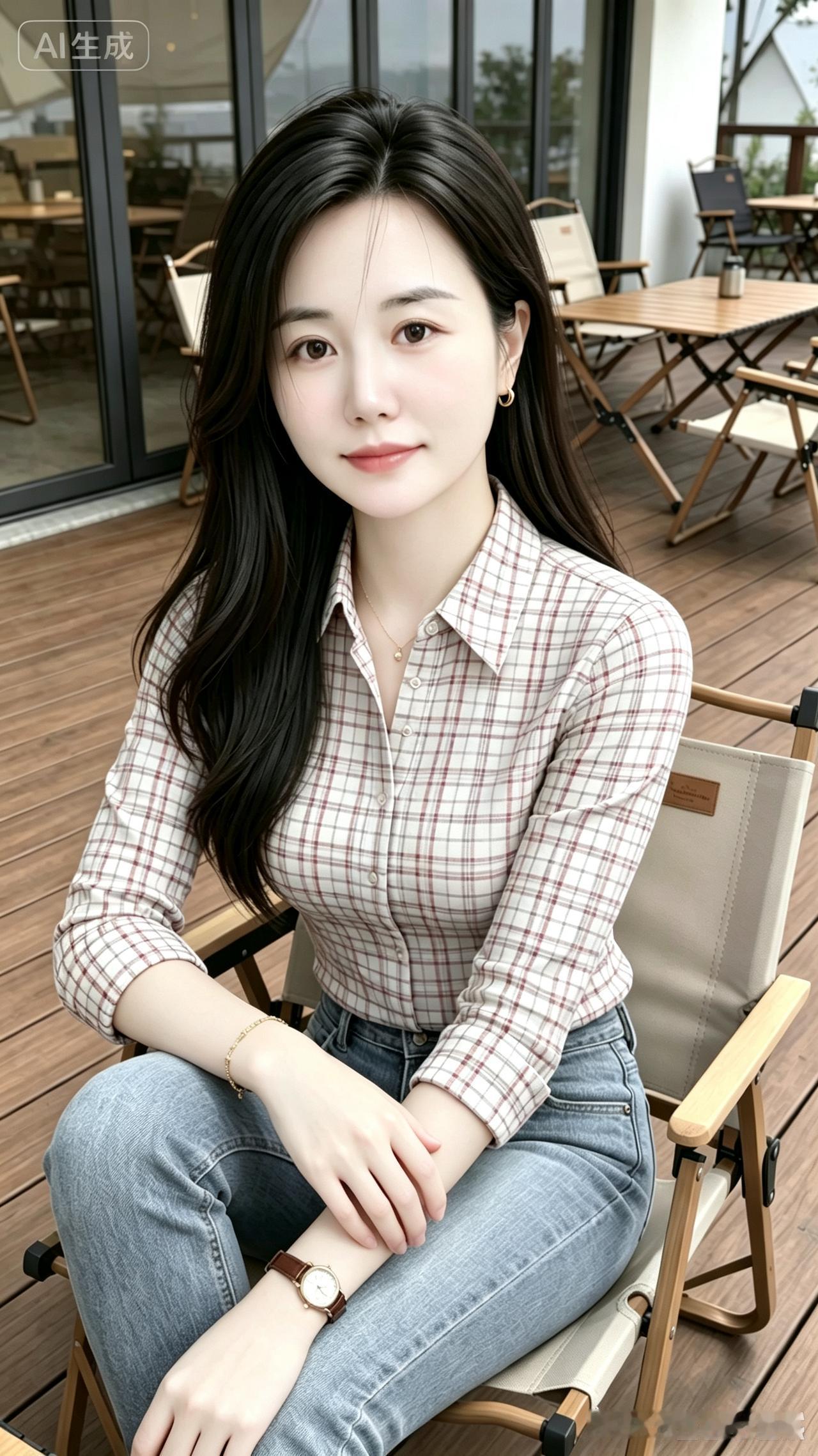 露台闲坐格纹衬衫意态娴，长发垂肩默无言。露台闲坐清风伴，淡抹轻妆胜艳颜。