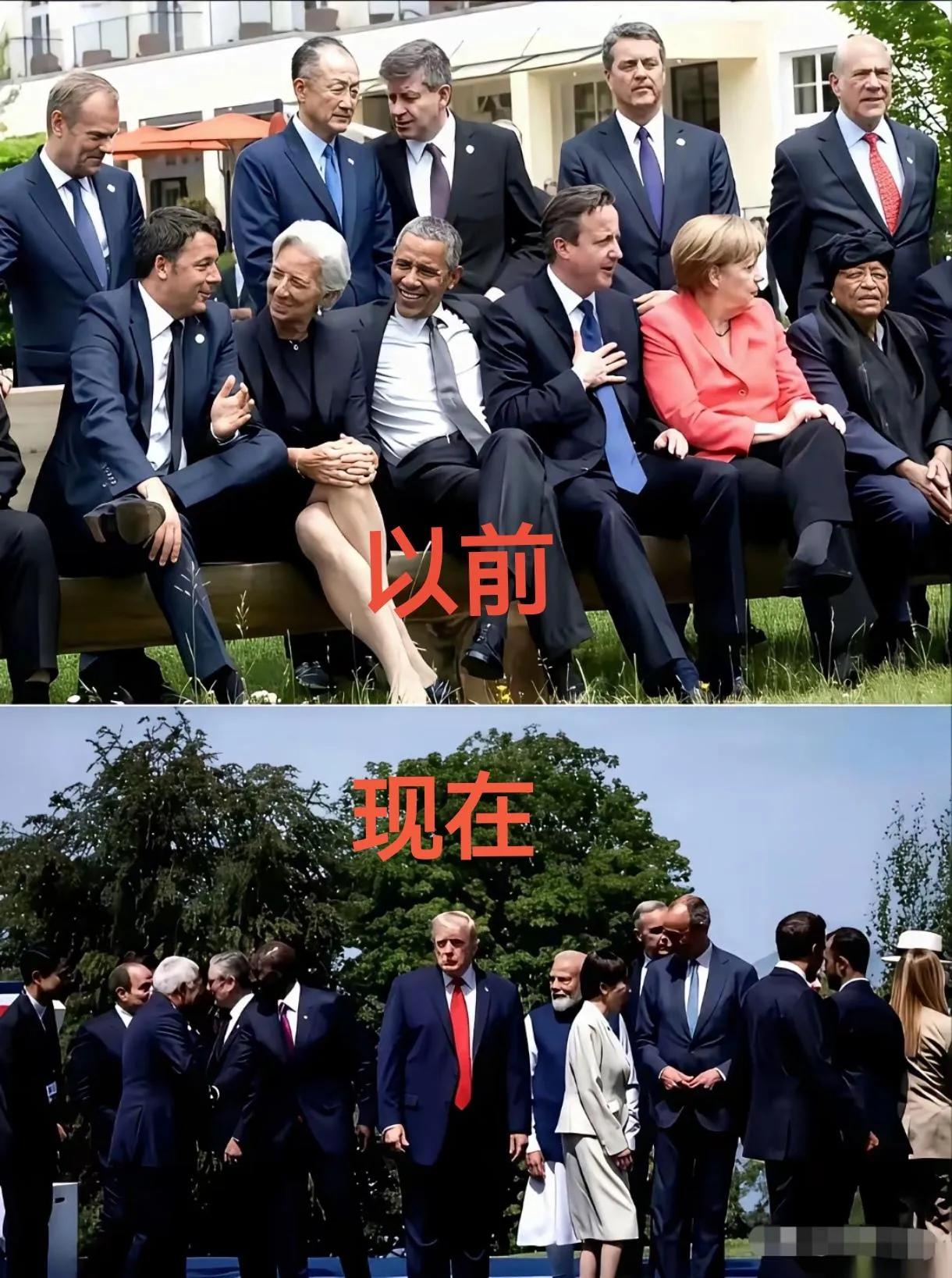 对比以前和现在的G7，真是肉眼可见的变化！早些年开会，各国聚在一起谈笑风生，表面