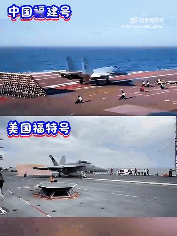 同样是电磁弹射，一比较差距便显露无遗。福建舰上的战机满油满弹，还未完全离开甲板就
