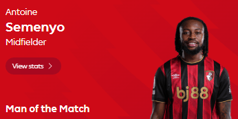 首开记录, 塞梅约当选伯恩茅斯vs伯恩利球迷票选全场最佳