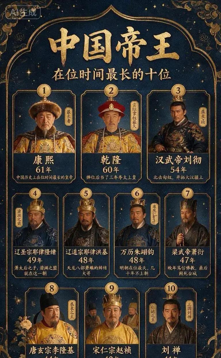 中国历史上在位时间最长的10位皇帝第一名，康熙，61年，中国在位时间最长皇帝。乾隆皇帝躺在病榻上，听