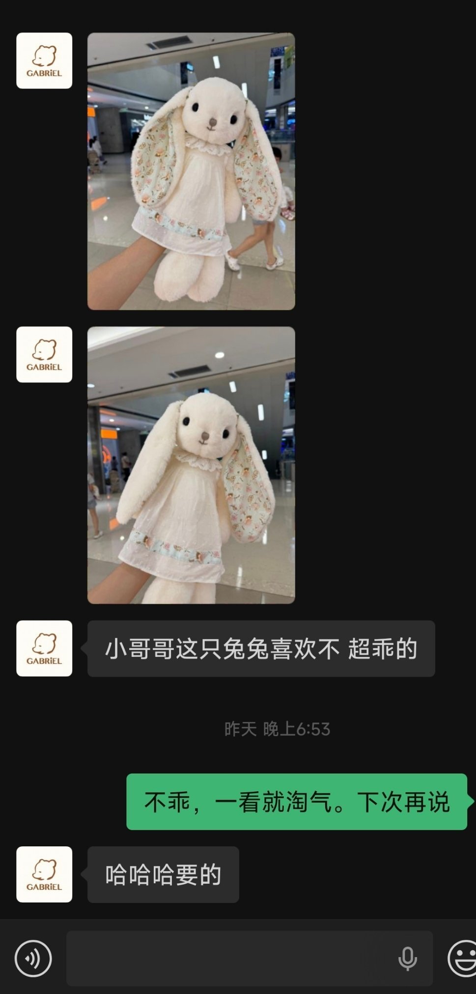 在成都加的伽百利兔子玩具销售，买过几个了。我很好奇，她说“要的”在成都话里是什么
