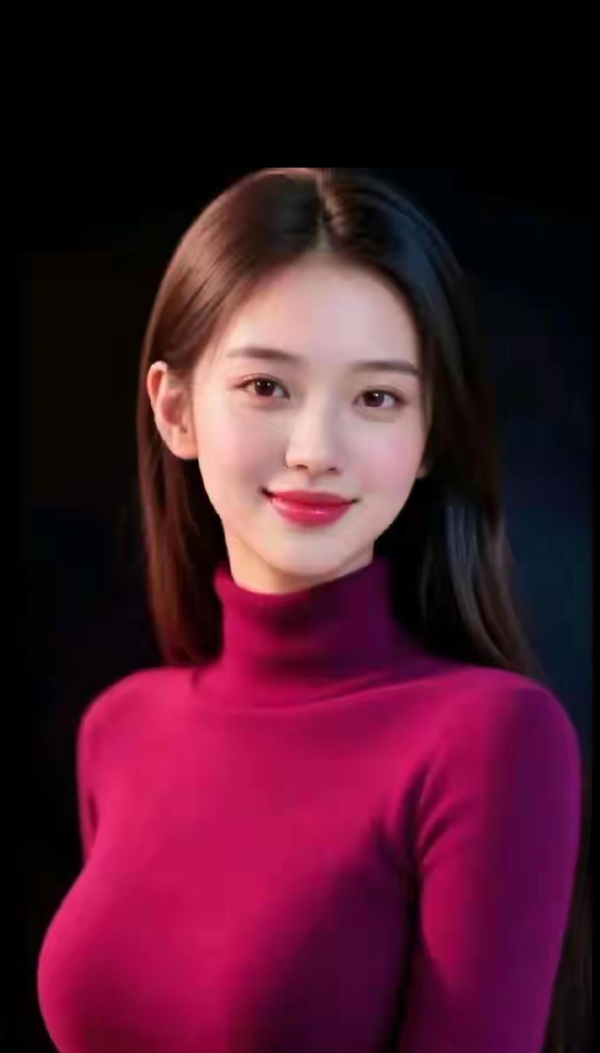 甜美笑容，酒红色高领毛衣，温柔可人酒红色毛衣搭配酒红色针织毛衣红色气质毛衣