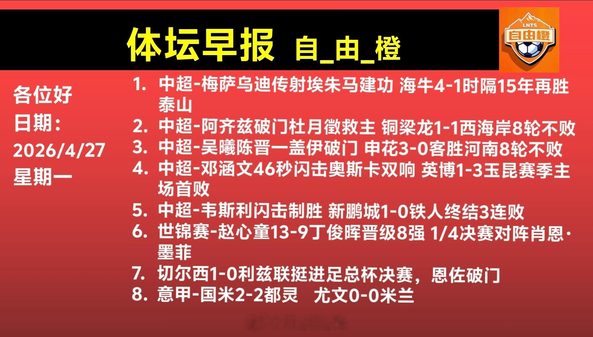 自由橙每日橙语体坛早晚报
