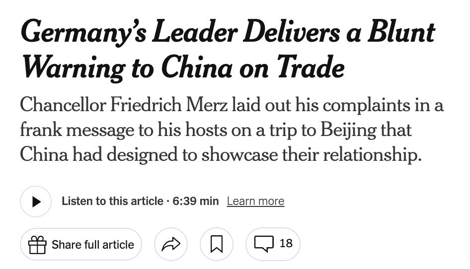 美媒：德国总理弗里德里希·默茨于2026年2月25日访问中国，期间向中方提出了一