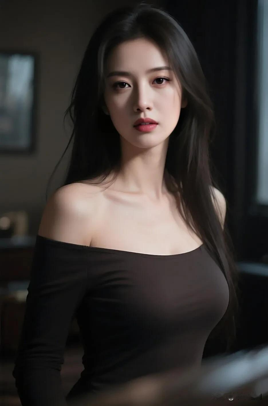 如何成为一个时尚的女孩?咖色露肩衫衬着暗调光影，冷艳眉眼揉出独有的慵懒氛围感☕