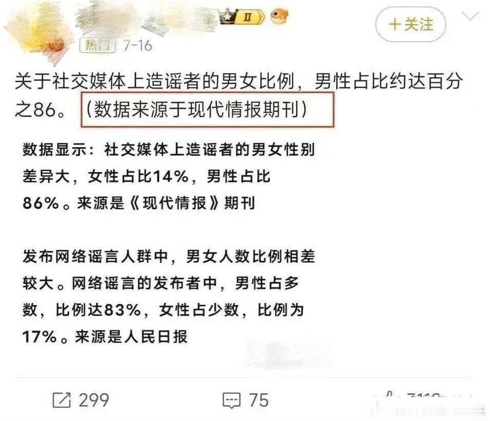 在新浪微博上刷到一位女性大V发帖讲社交媒体造谣群体的男女比例差别很大，男性占比高
