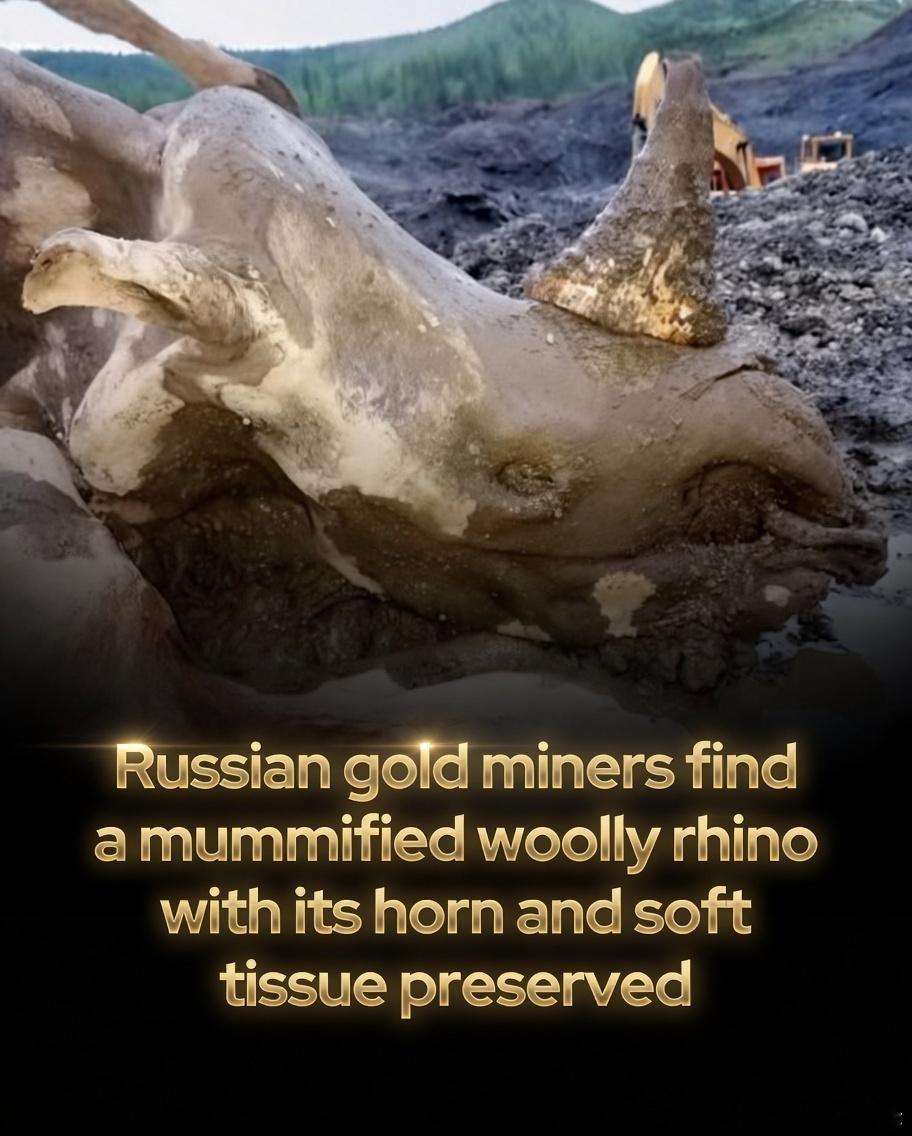 🦏这头小披毛犀侧躺在冻土层里，皮肤完整，毛发仍粘附在表皮上，前肩的驼峰轮廓分