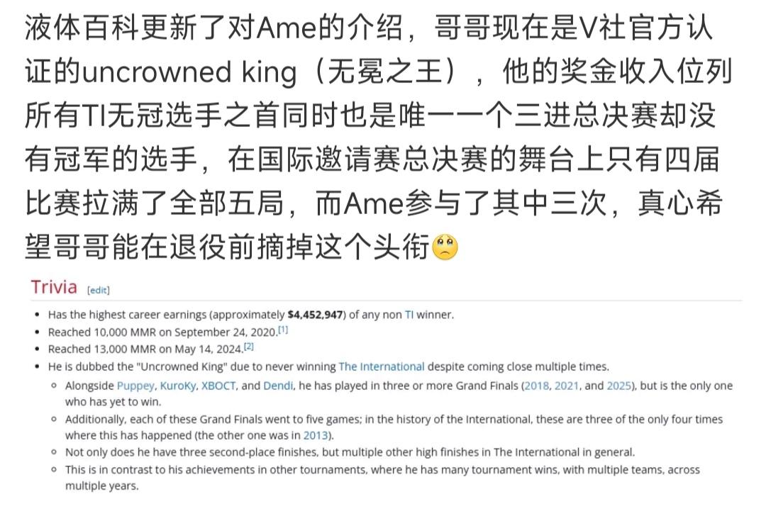 AME现在外网介绍是，刀塔2无冕之王。总共ti决赛的历史，只有四次打满5局，