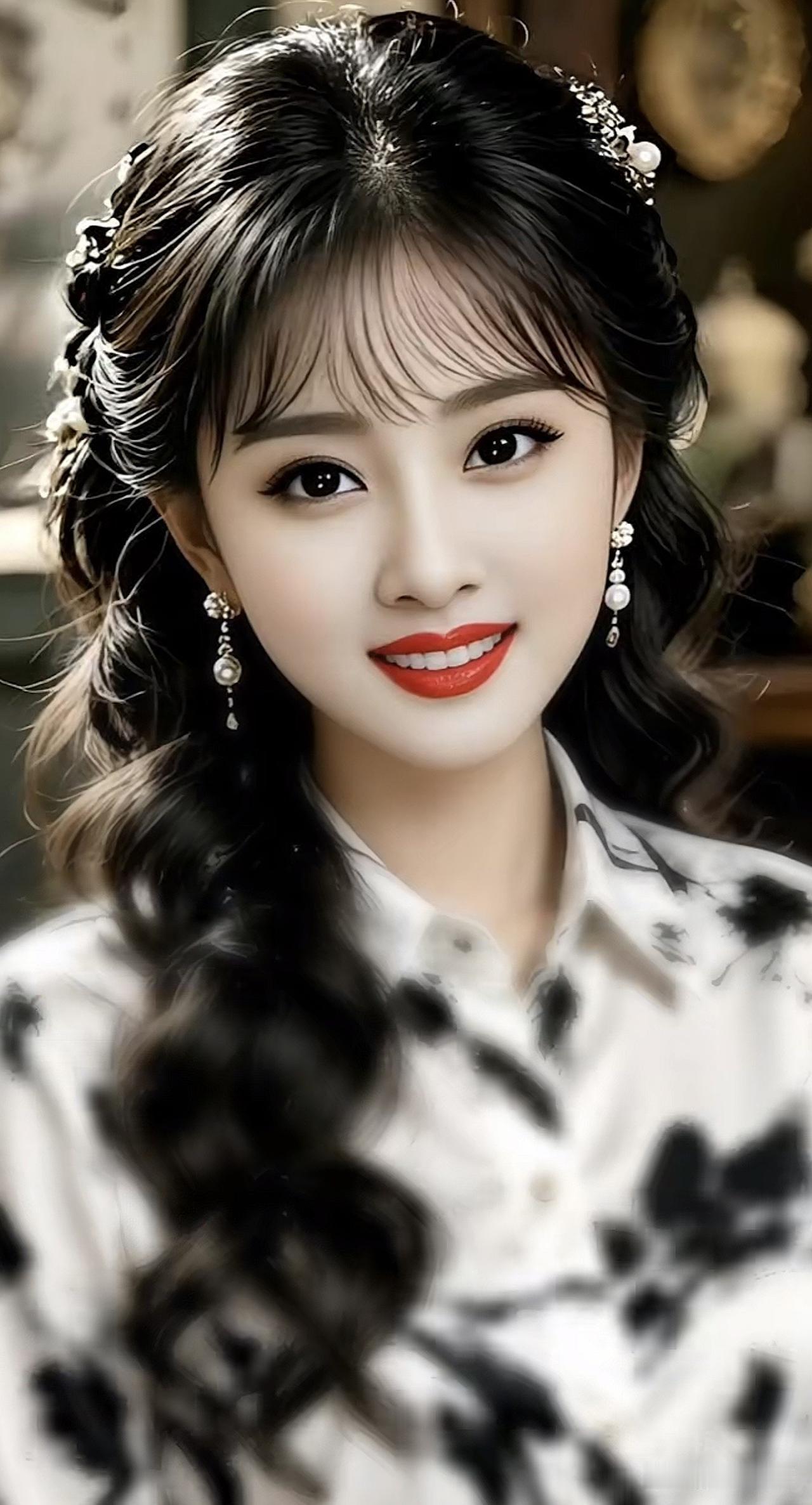优雅黑发少女，微笑动人，复古发饰点缀，时尚白衬衫，魅力四射！💄👗💍粉衬衫少