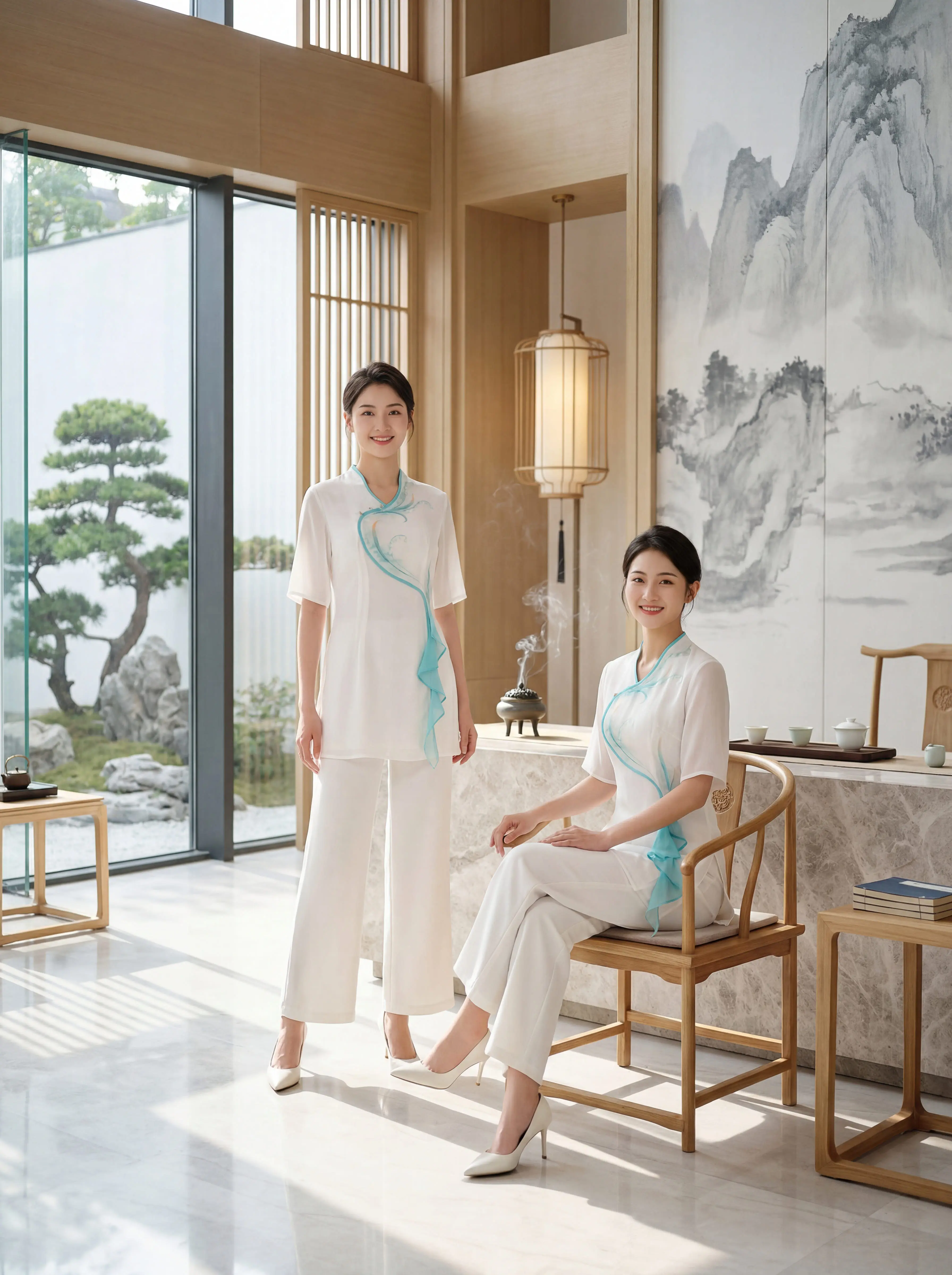 这套新中式技师服美到让人失语✨。新中式斜襟+水蓝飘带，专业又雅致 阔腿...