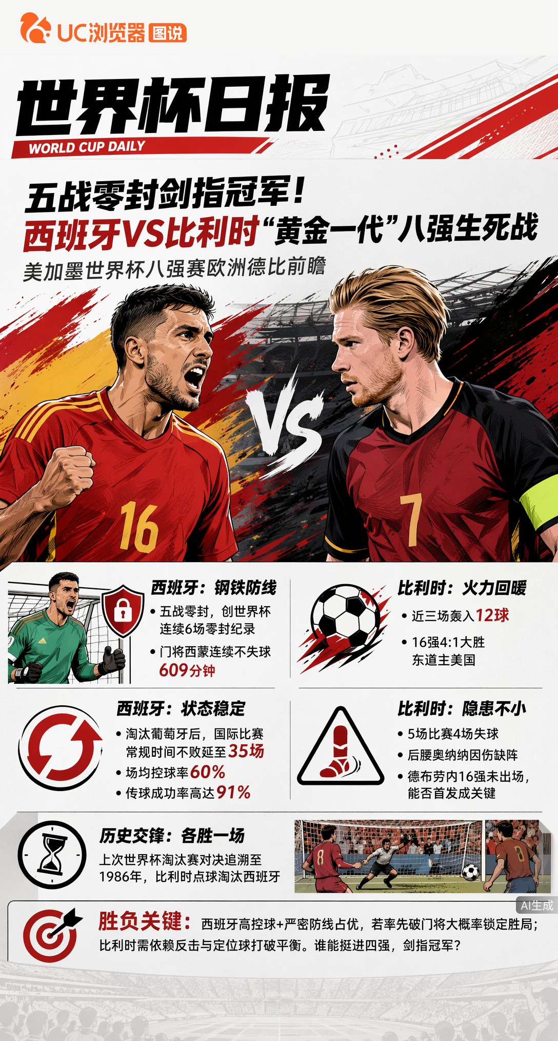 五战零封剑指冠军！西班牙VS比利时"黄金一代"八强生死战