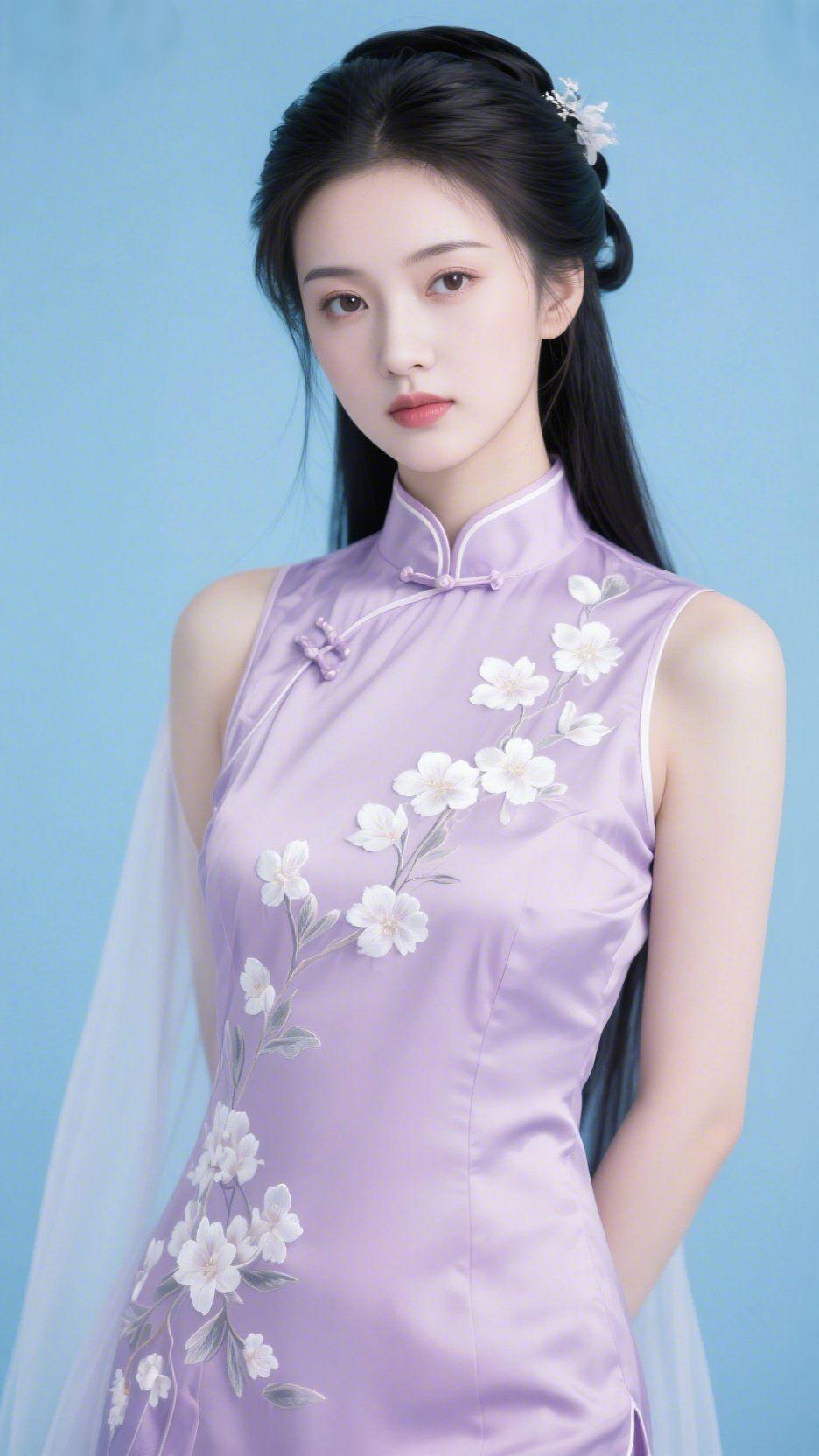 《紫衣簪花浸柔蓝》淡蓝底色裹着轻缓时，她立在柔光的轻笼里。淡紫旗袍浸