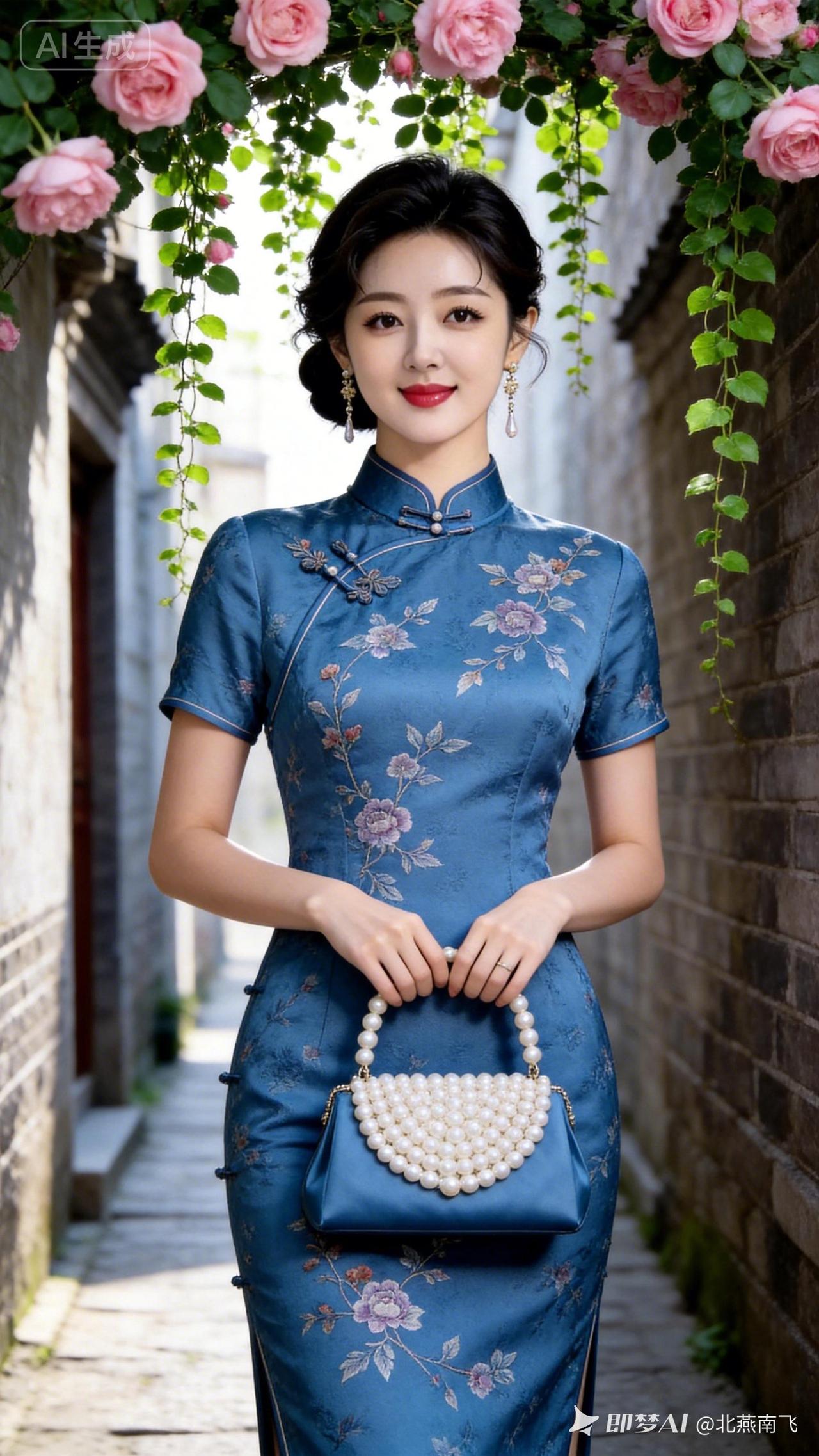 一个美女穿着旗袍，手拿珍珠包。