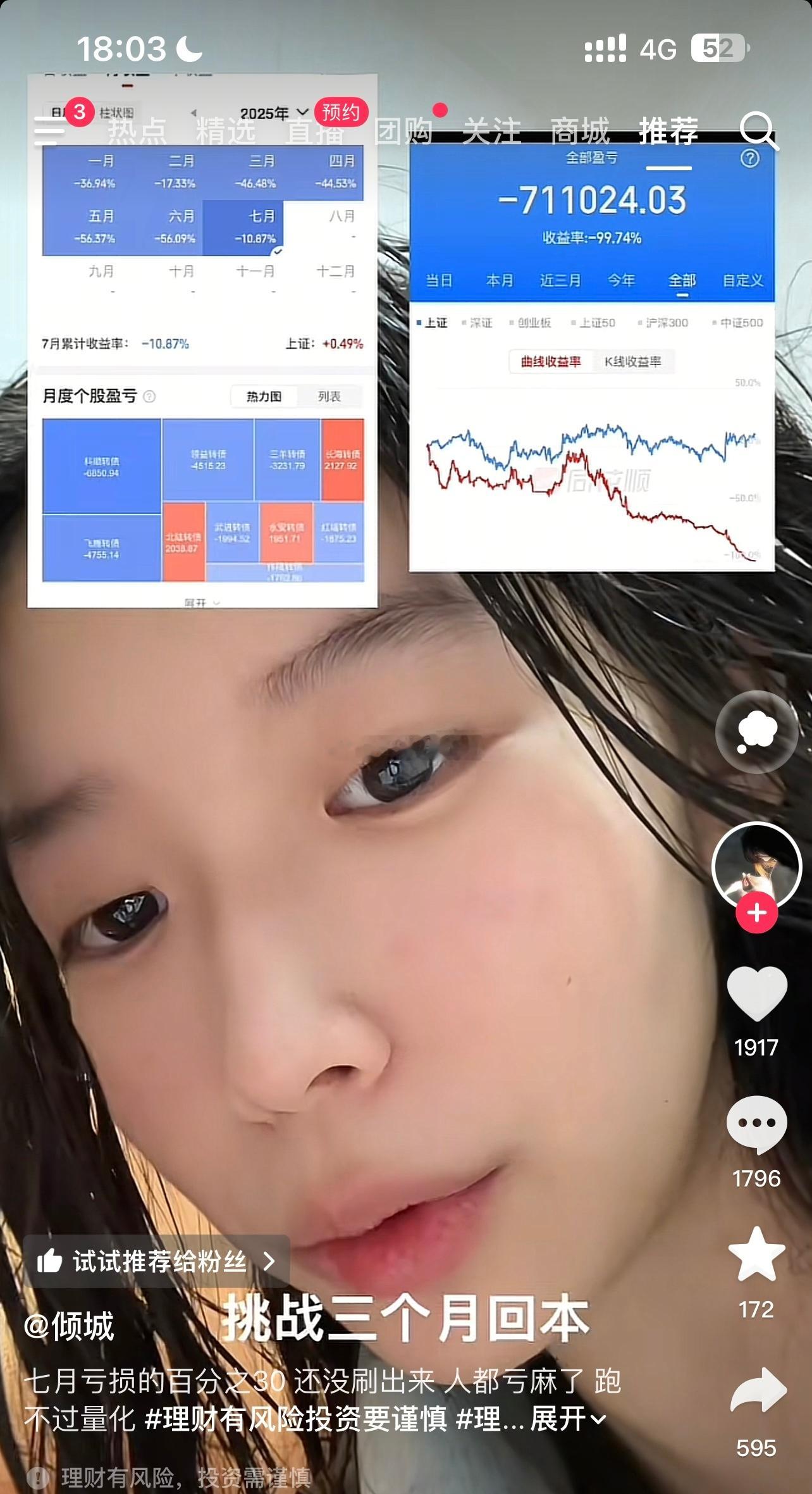 某音的财经博主很梦幻。亏99.7%，挑战3个月回本…[捂脸哭]​​​