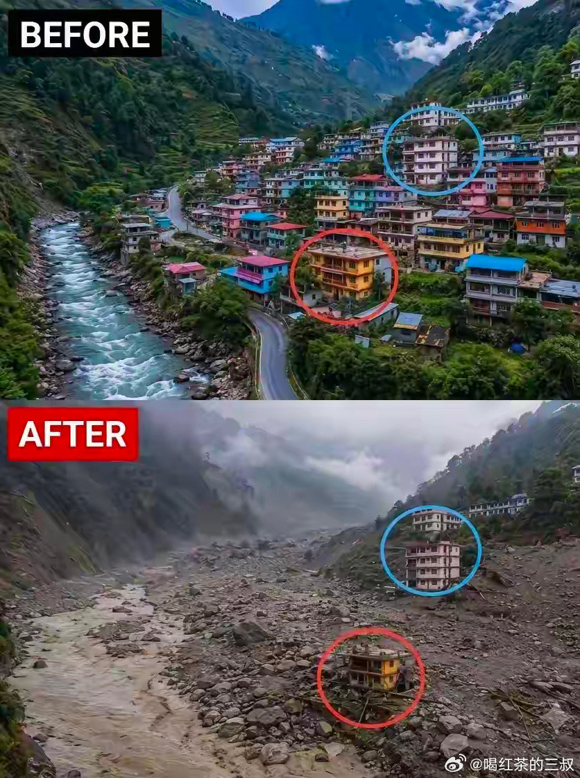 泥石流前后，人类在地球面前，还是很渺小。​