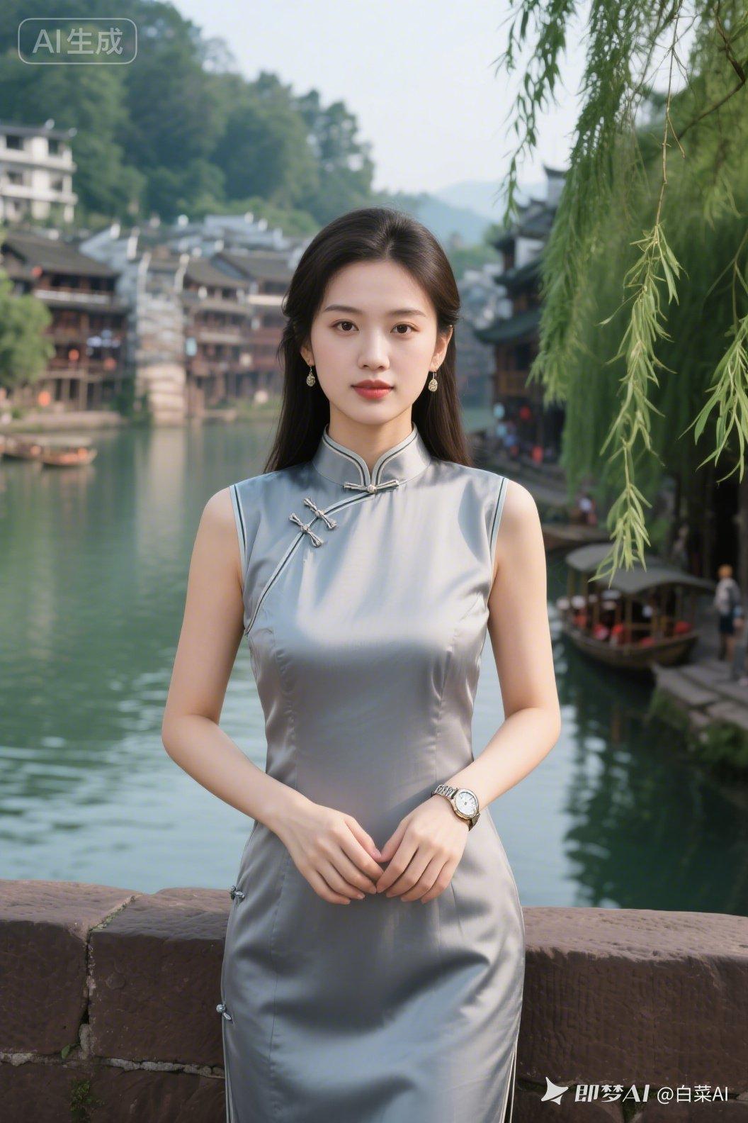 身姿曼妙美女面色红润神采俱佳，着高档烟色旗袍，戴精致名表，尽显成功优雅气场，左侧