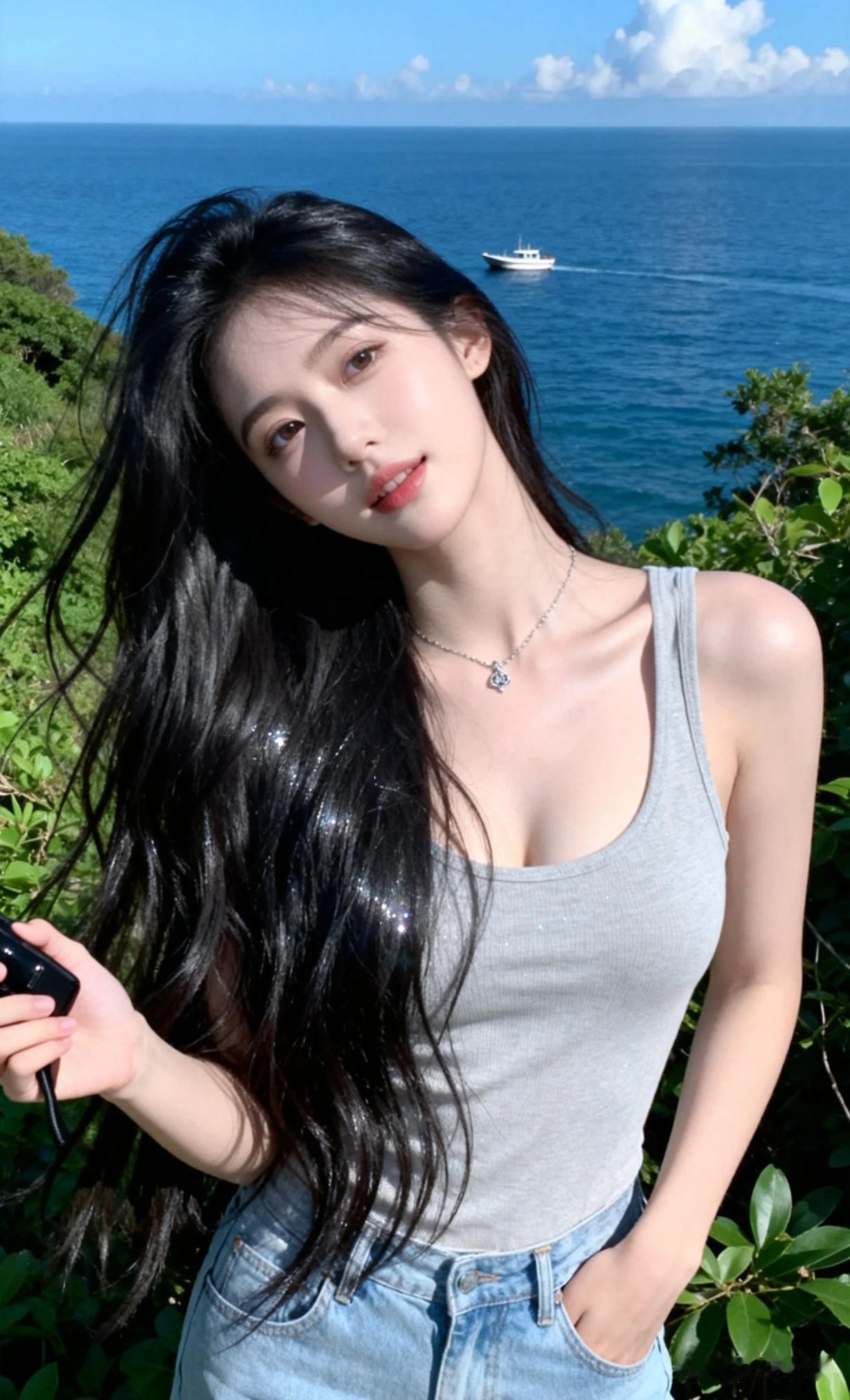 海边少女，阳光明媚，微风拂面，享受美好时光。海边温柔女神海边元气少女