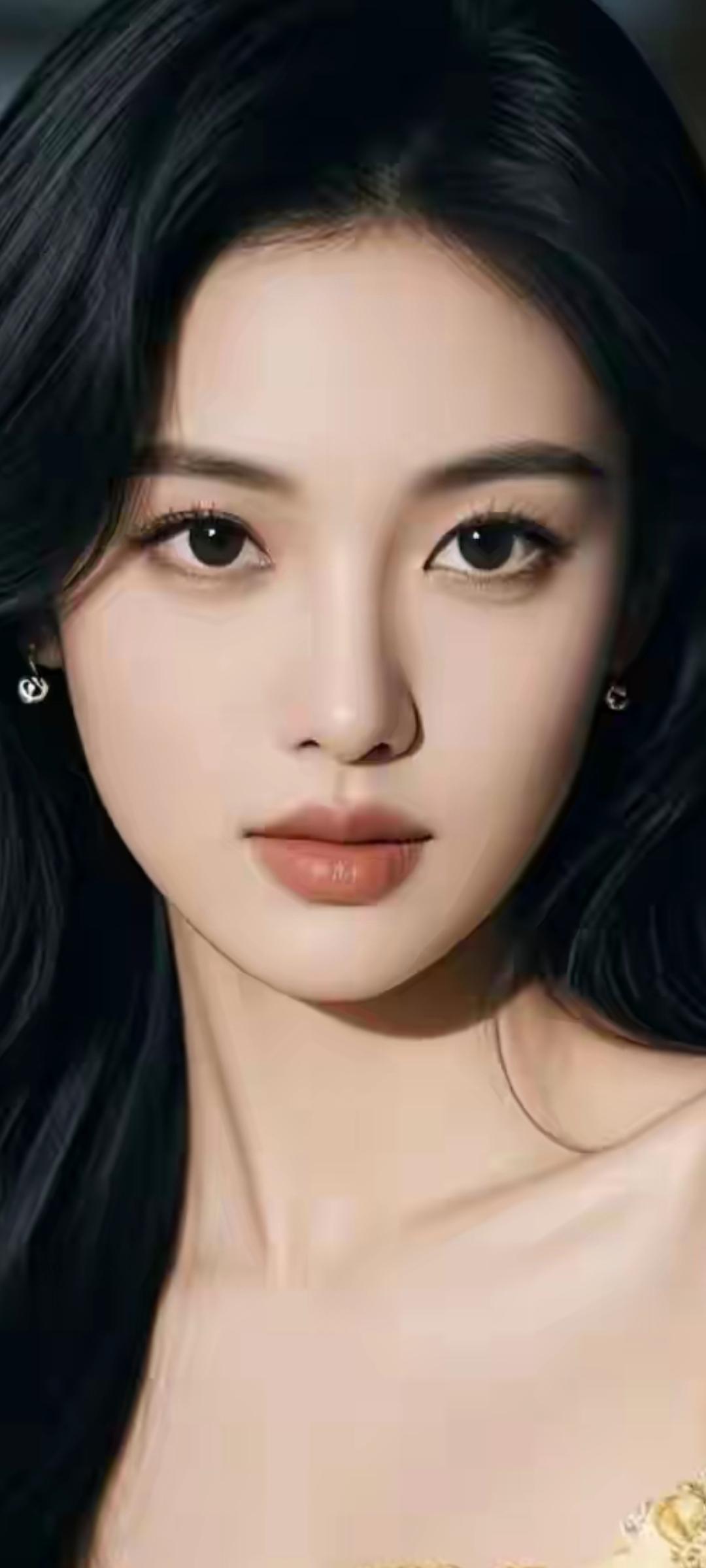 惊艳的东方美人，黑发红唇，古典优雅。