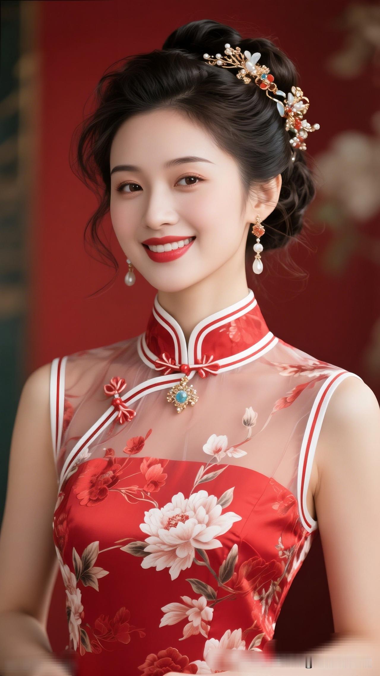 红衣美人笑，花枝招展间。最美丽女人的是什么样子惊艳的旗袍之美，古典与现代的完美