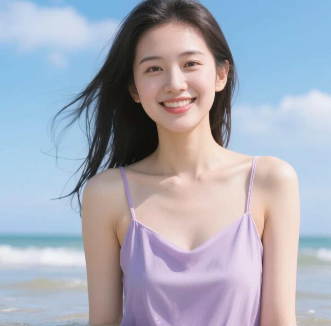阳光正好，我在这片海滩等你——今天穿的是清新连衣裙哦。