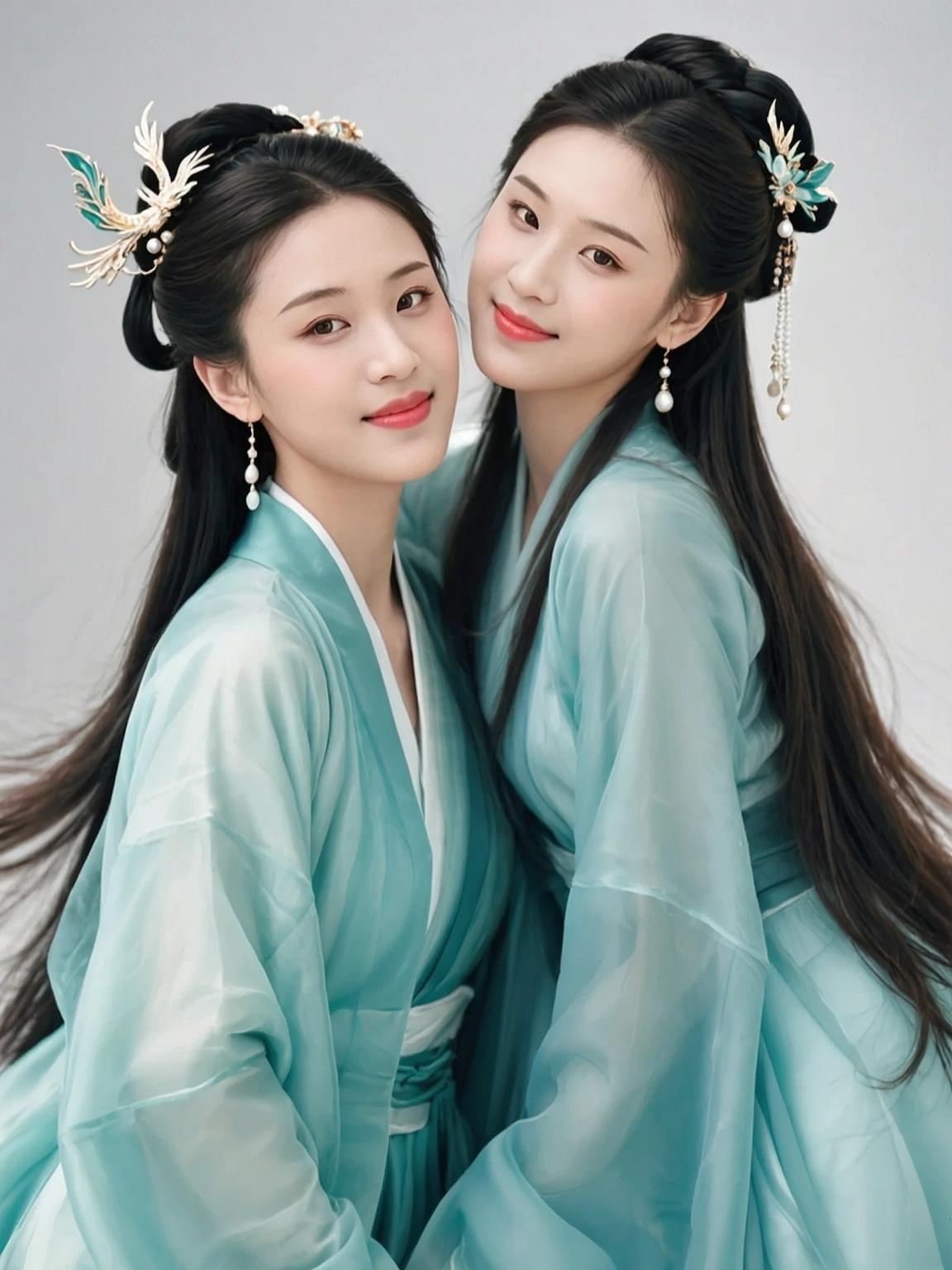 这抹青色仿佛是从古画中走出来的仙子，衣袂飘飘，带着一丝古典的优雅与神秘。背景的朦