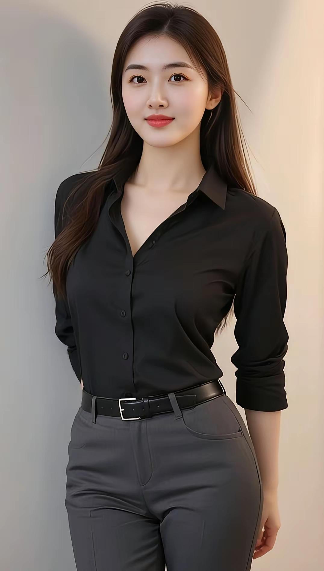 优雅职场风，黑色衬衫搭配灰色高腰裤，尽显干练气质！