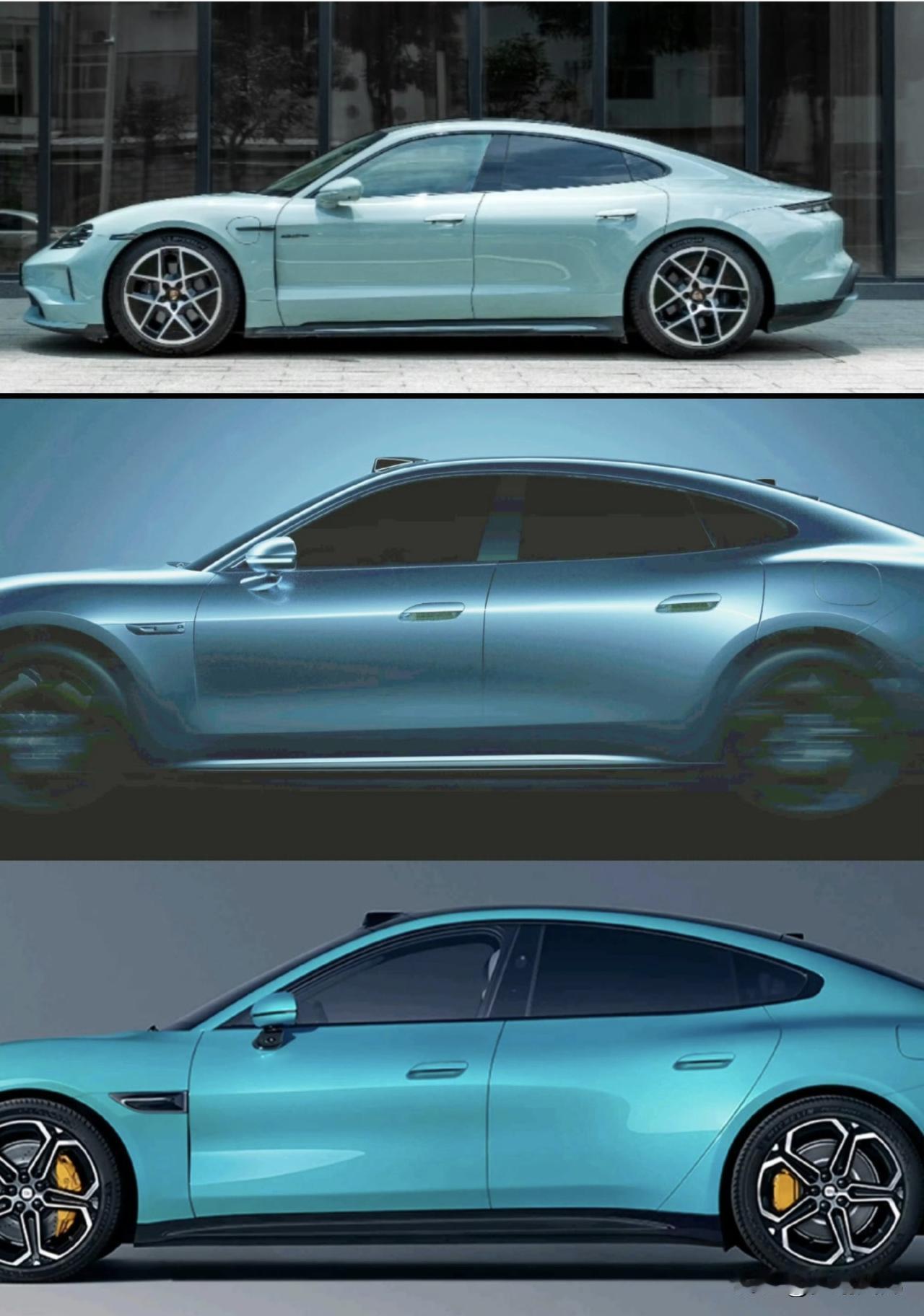 优秀的设计总是心有灵犀！图一：从上至下，分别是保时捷Taycan，尚界Z7，小