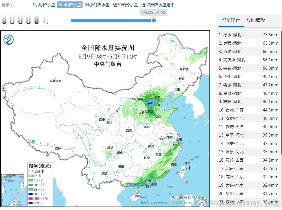 【强降雨和强对流】今天08-14时，华北以及华东到华南，出现了两片明显的降雨区，