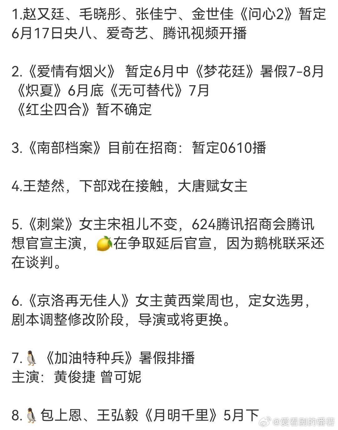 娱乐圈吃瓜1.赵又廷、毛晓彤、张佳宁、金世佳《问心2》暂定6月17日央八、爱奇艺