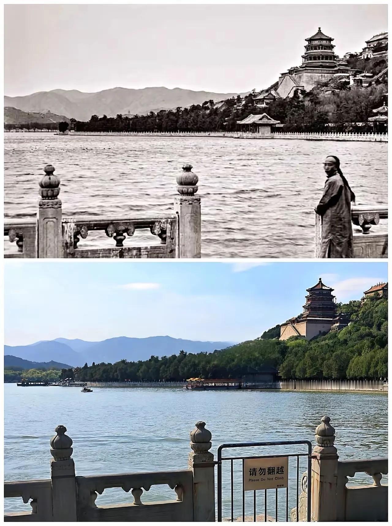 这是北京颐和园100年前与100年后照片的对比。乍一看，照片似乎没什么不同，仅仅