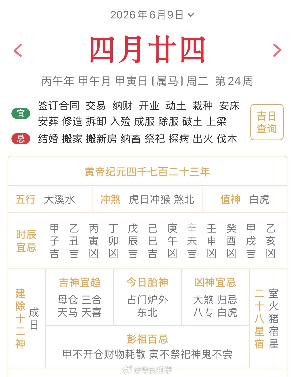 十二生肖每日简运仅供参考2026.6.9丙午年甲午月甲寅日甲寅天克地冲庚申：八