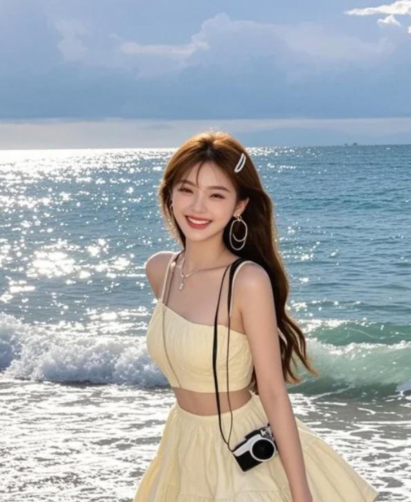 云朵挂在天际，划破她沉浸的宁静思绪