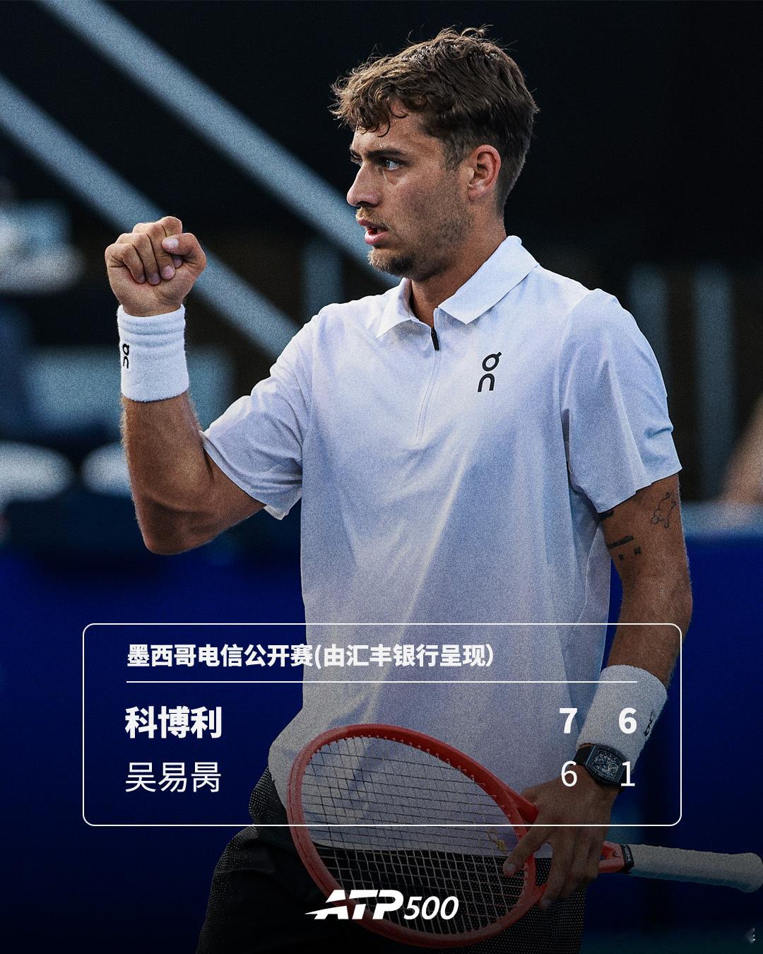吴易昺无缘四强ATP500墨西哥电信公开赛(由汇丰银行呈现）1/4决赛，吴易昺