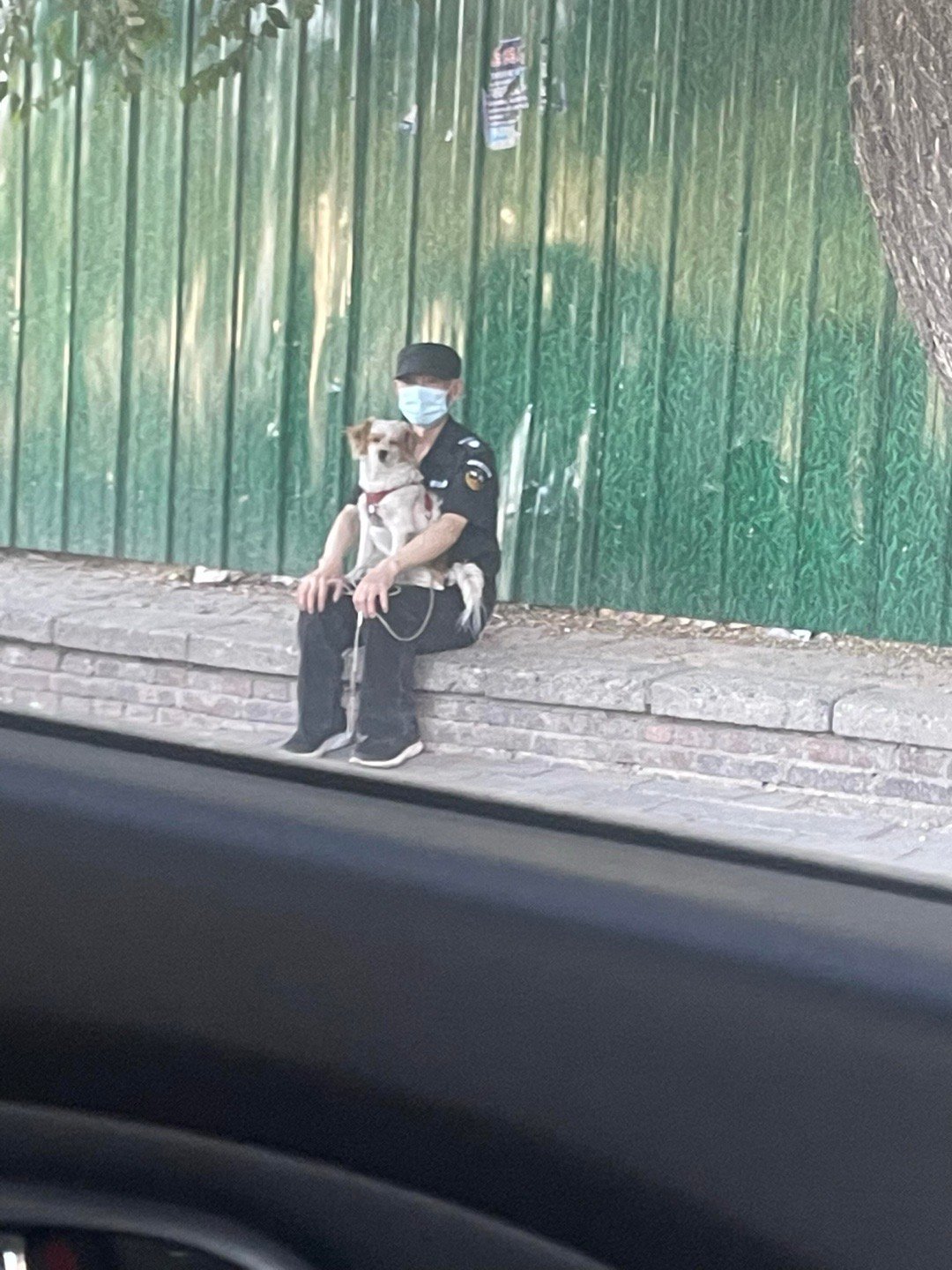 坐在保安叔叔怀里的小狗，原谅这个世界十分钟​​​