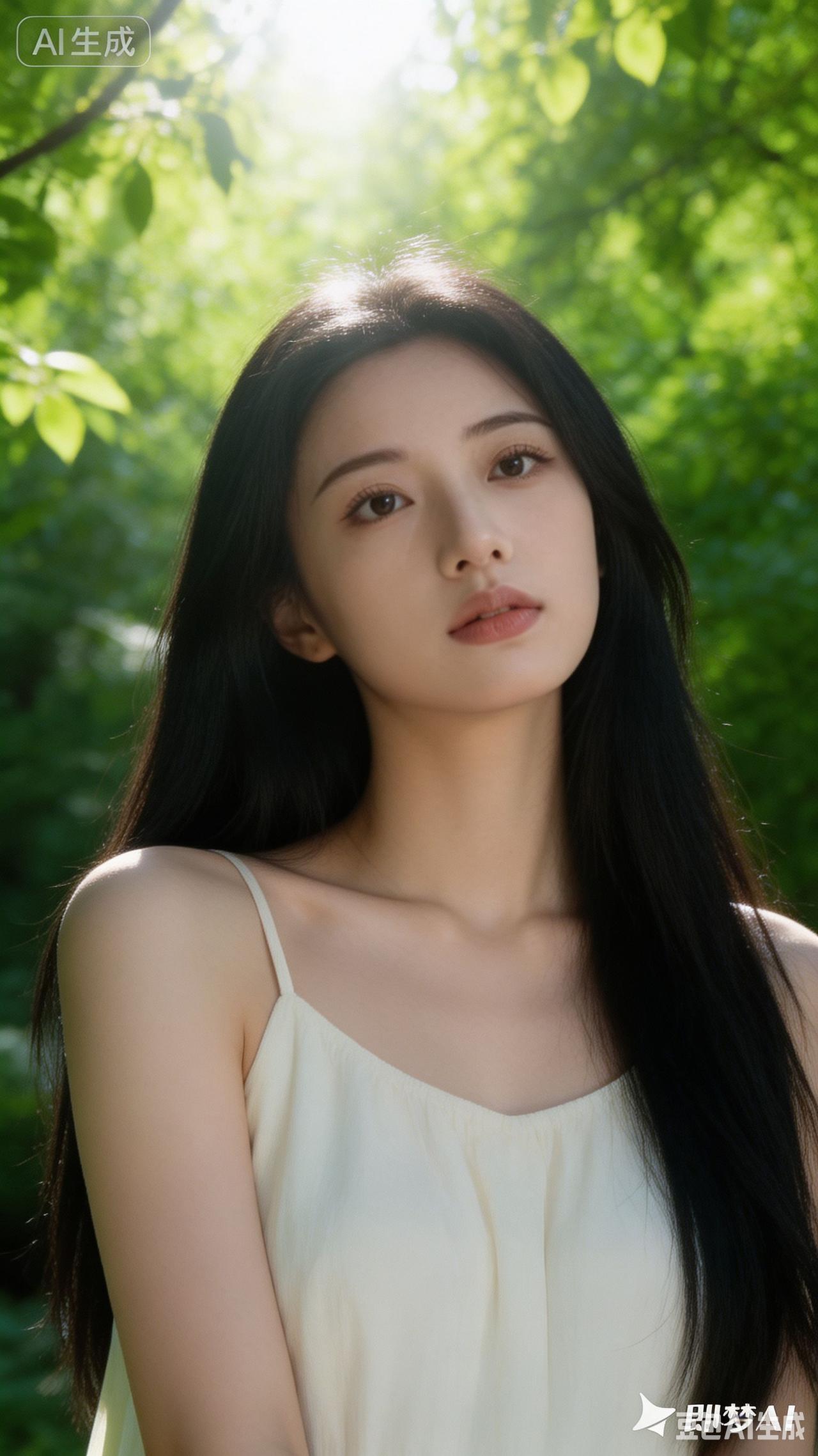 阳光下的温柔少女，绿意盎然的背景，清新自然。