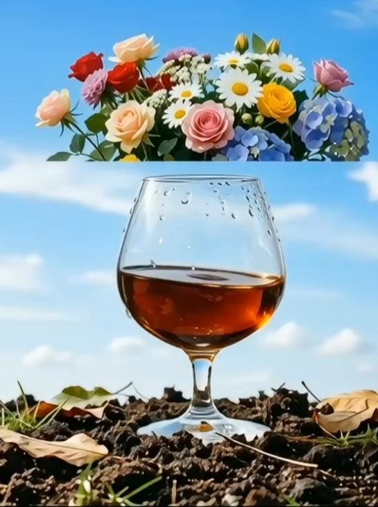 〔看图猜成语〕图中画面真美丽；花儿朵朵在空中；一杯红酒地上放；四字成语就