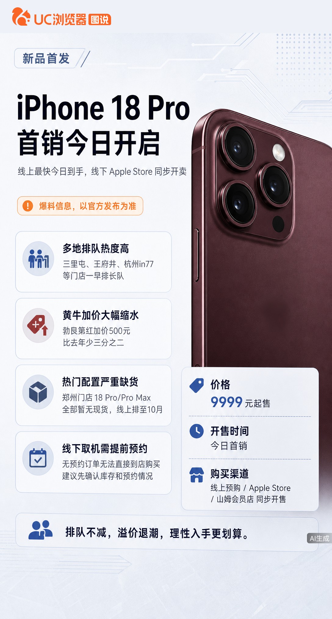 iPhone18Pro首销店门口照样排长队，但黄牛加价从去年的1500缩水到500。9999起售升级