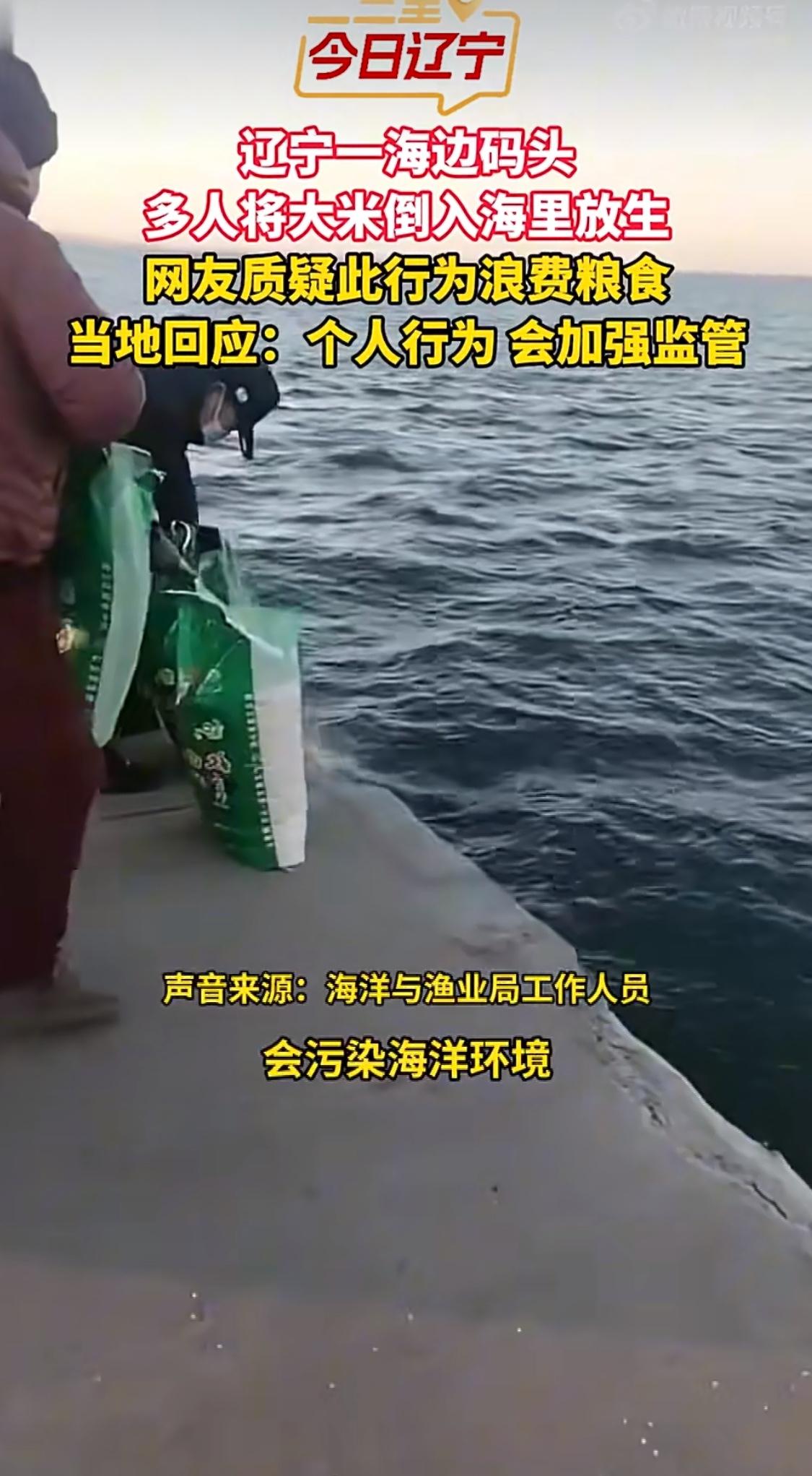 有人竟然放生大米！将一袋袋大米倒入海中，看不懂！东北某地，一伙中年妇女拉了十几