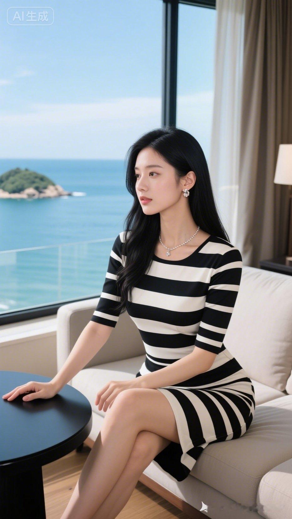 海边度假穿搭指南，黑白条纹连衣裙搭配珍珠项链，尽显优雅气质！