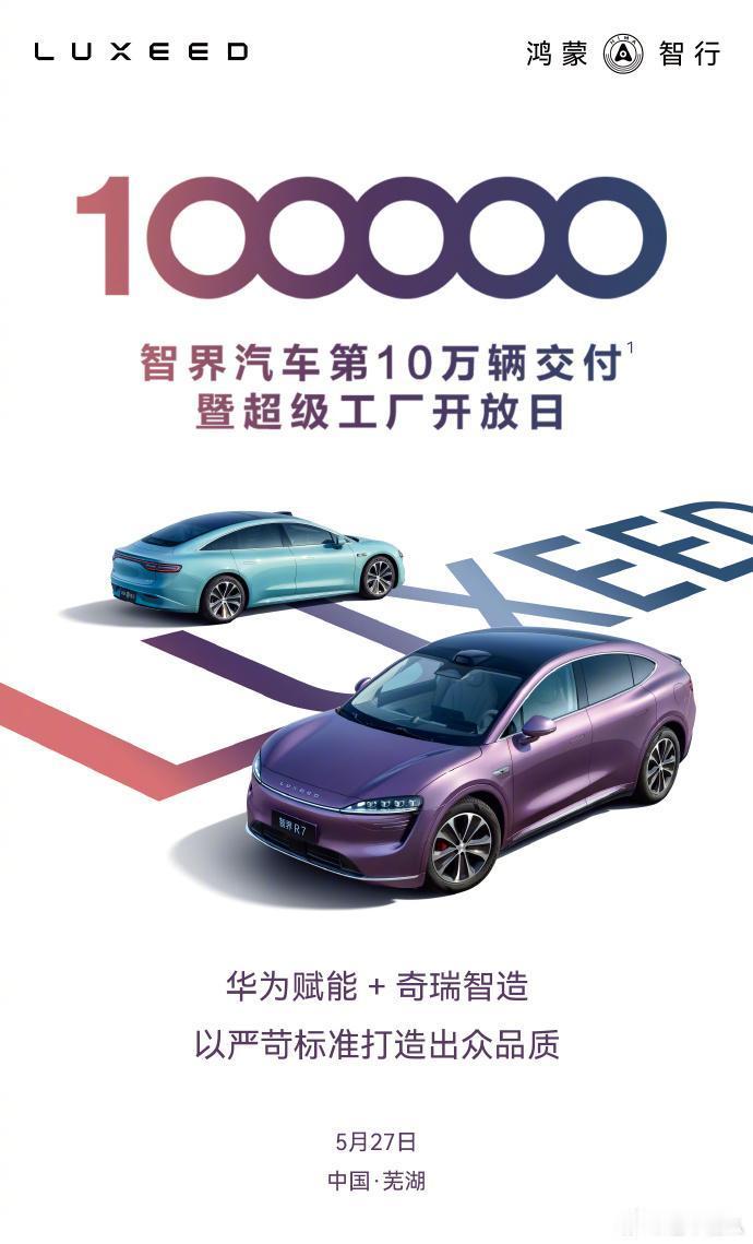 智界“双7”交付破十万今天（5月27日）鸿蒙智行官方宣布智界汽车第十万辆汽车交付