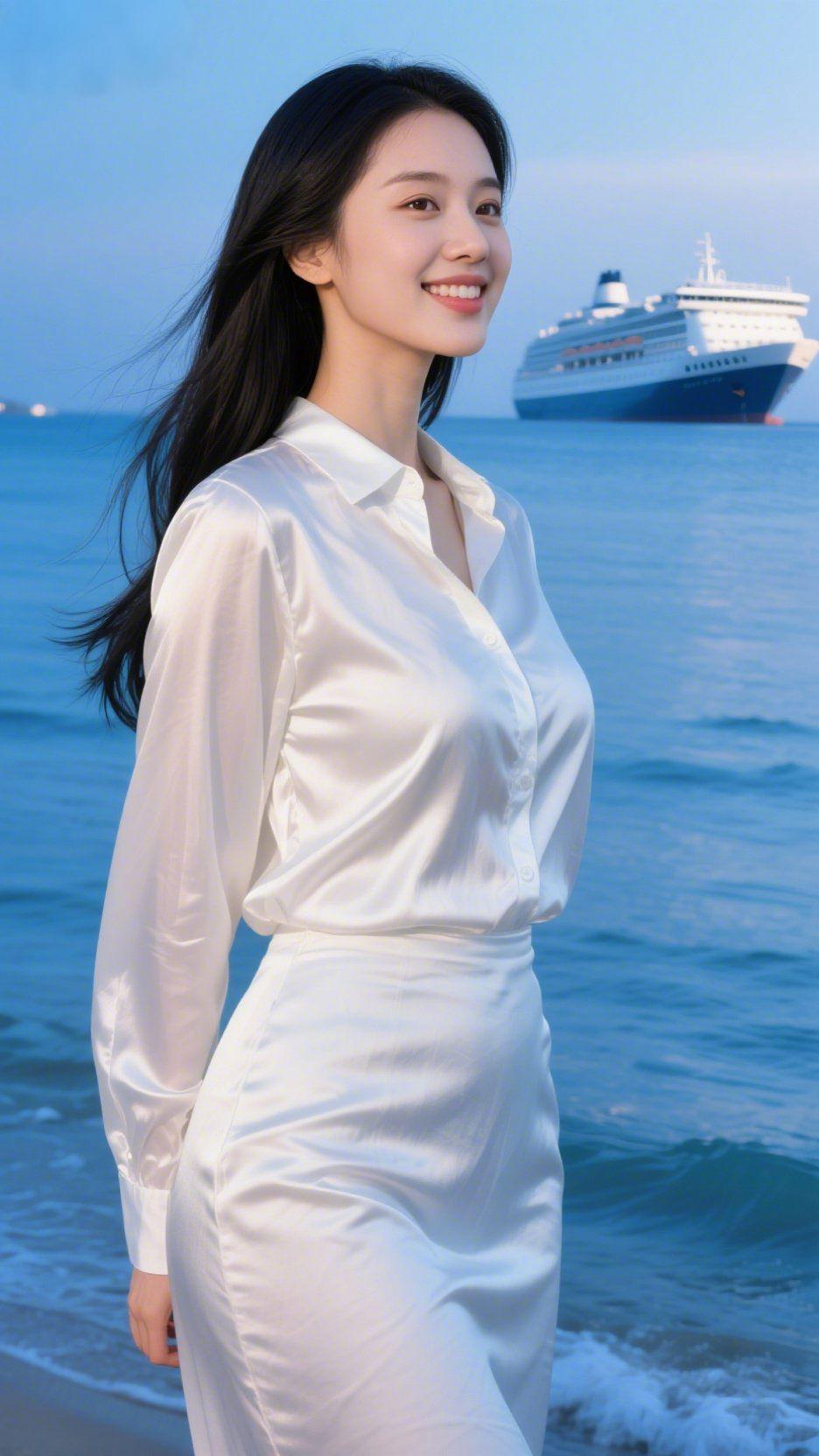 海风中的白绸柔意白绸衬衫裹着海风轻扬时，像把海面月光裁作了衣料——柔光漫过