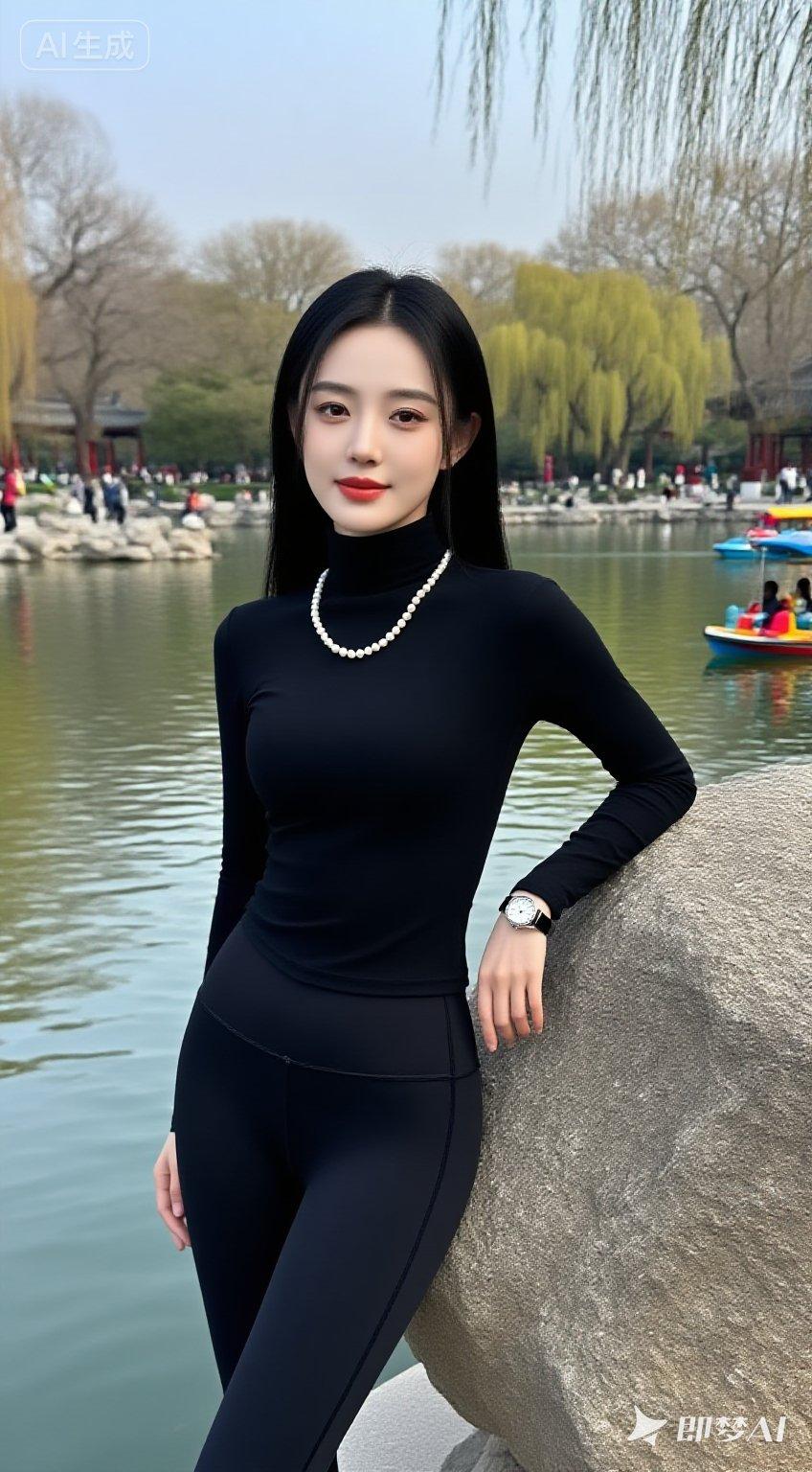 优雅黑衣少女，静坐湖畔，珍珠项链点缀，宛如画中人。